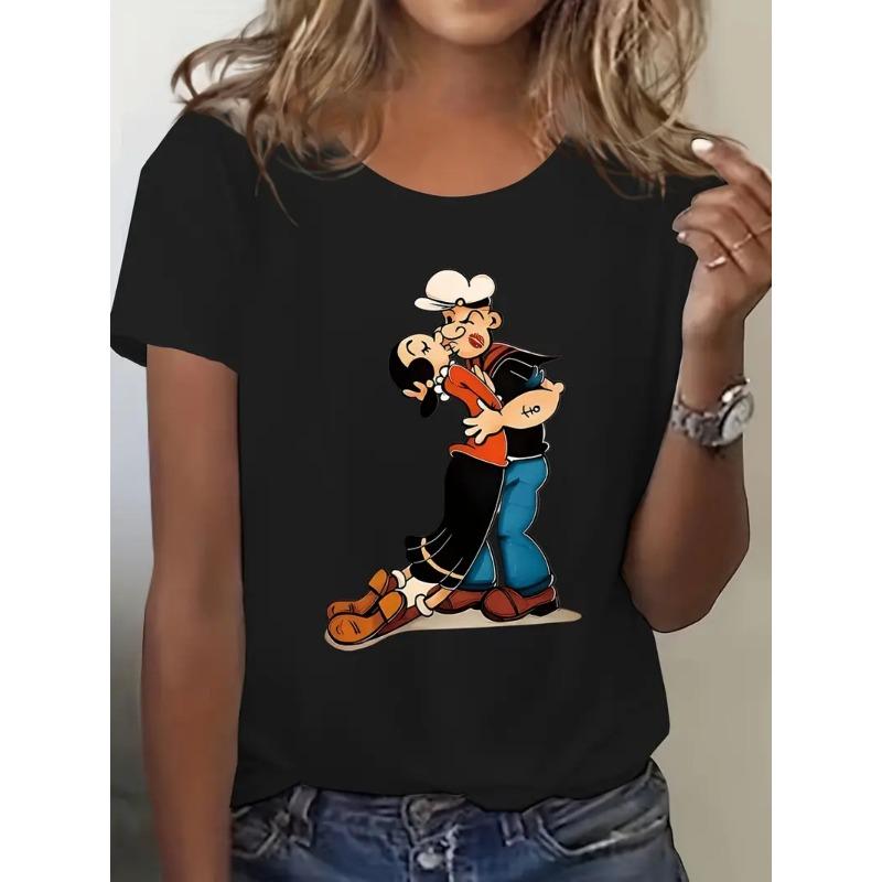 

European sizes Popeye Valentine S Day Graphic T-Shirt, Casual Round Neck Short Sleeve Top, Made with Stretchy Regular Fit, Suitable for All Seasons 4XL