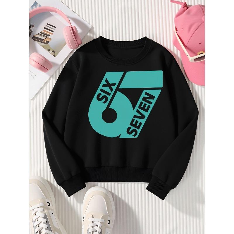 European Sizes Kids' Casual Sweatshirt Printed Round Neck Pullover, Kids' Round Neck Sweatshirt with Fashion "67" Theme Feature Print for Kids