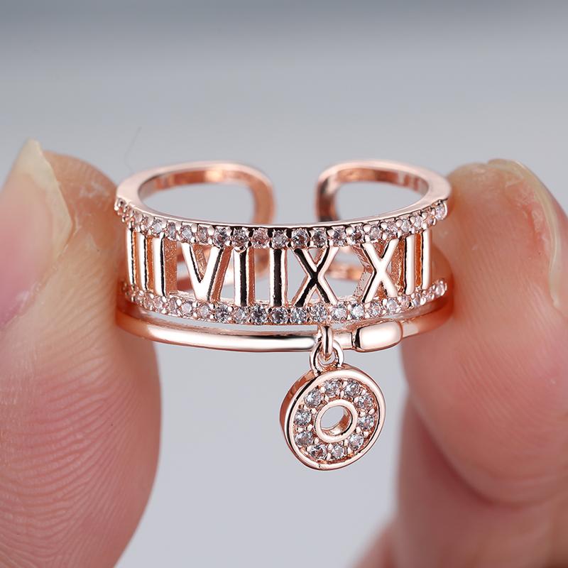 Luxury Simple Fashion Gold Color Roman Numerals Zircon Open Ring for Women Adjustable Index Finger Ring Engagement Wedding Jewelry