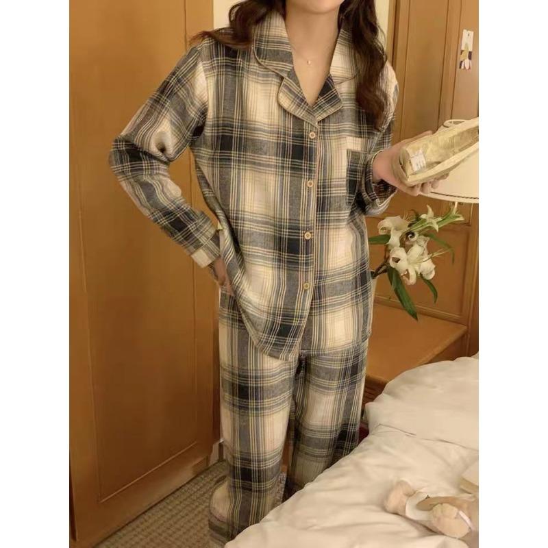 Women's Korean Version of The Long-Sleeved Pyjamas Student Homewear Two-Piece Set Cardigan Plaid Ladies Sleepwear Loungewear