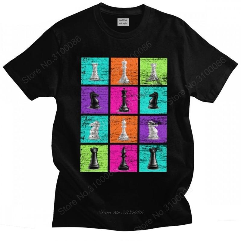 Retro Chessmen Chess T-shirt Men Cotton Chess T Shirt Chessboard Game Tee Tops King 60s Board Game Horse Fan Player Tshirt