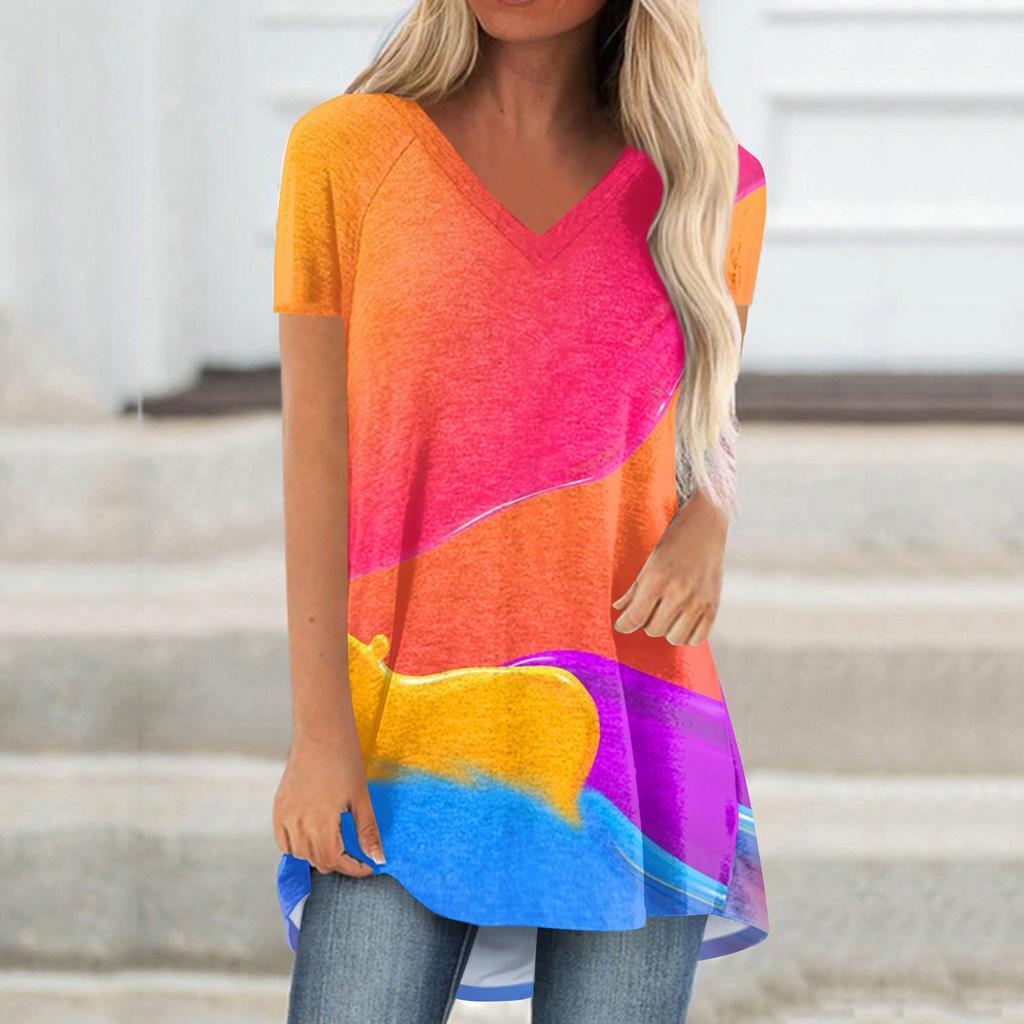 Senhoras Manga Curta Plissado Solto Tops Plus Size Casual Tops V Neck Mangas Curtas Casual Verão Camisetas Senhoras Tops Camisetas Camisas