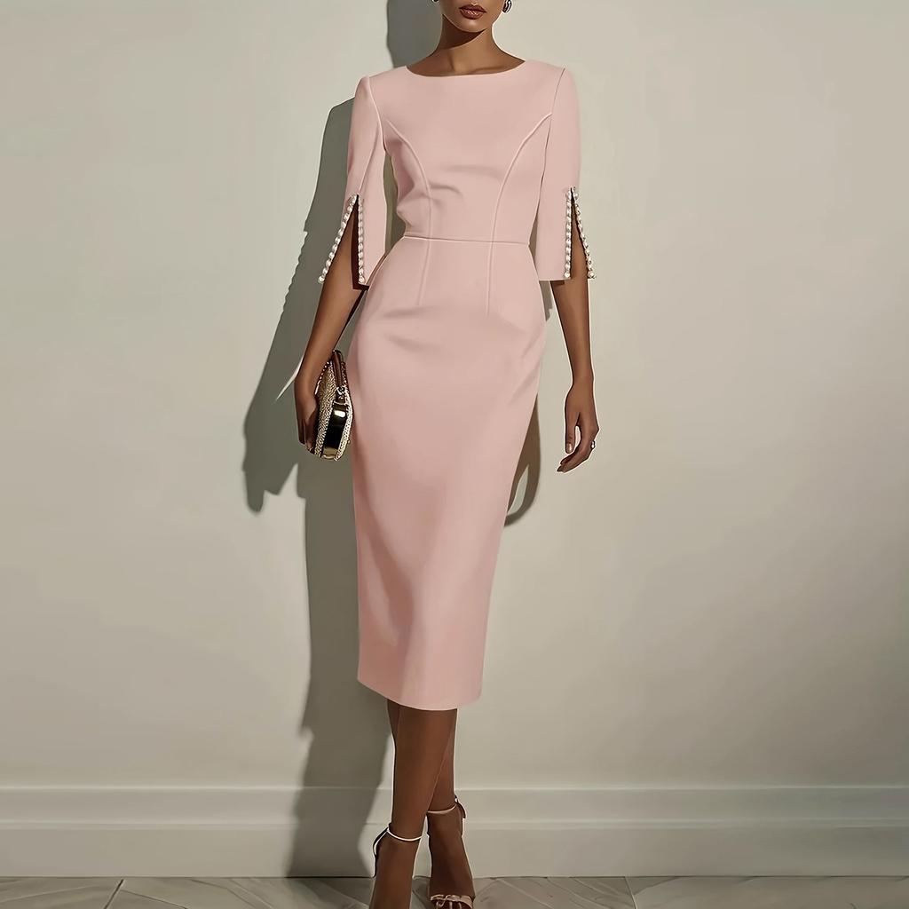 Women's Slim Fit Embellished Sleeve Midi Dress Elegant Formal Office Pencil Dress with Beaded Detail and Crew Neck Design for Special Occasions