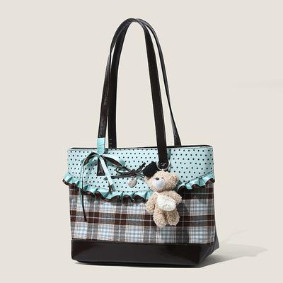 Korejská mátově zelená čokoládová barva Patchworková ruční taška Kostkovaná plátěná taška Tote Bag Dámská Puntíkovaná Sladký mašlička Krajka Kapacita Taška přes rameno