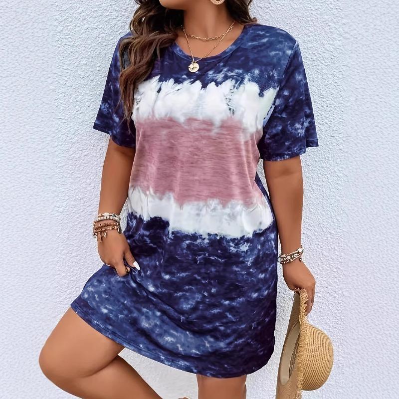 3D Printed Women's Loose O-Neck Pullover Dress Gradient Color Comfortable Casual Short Sleeved Dress