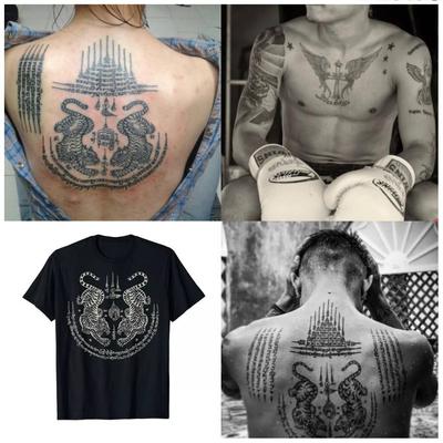 T-Shirt Sak Yant Thai Twin Tiger Tattoo Muay Thai Kickboxen Mix Kampfkunst MMA Amulett Bezaubernder Schutz Glücksbringer Talisma Magisch Thailand