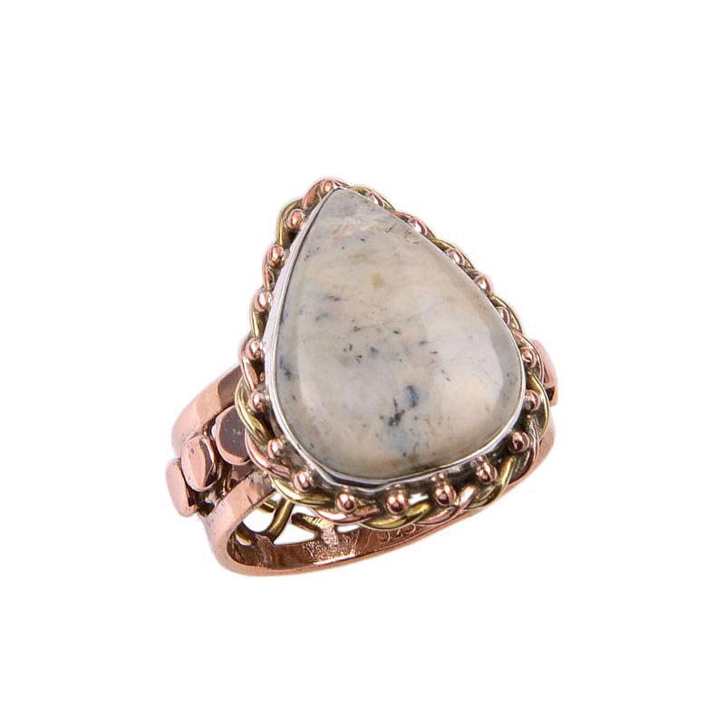 Natural Dendrite Opal Gemstone 925 Solid Sterling Silver Two Tone Ring S.9 o0s00