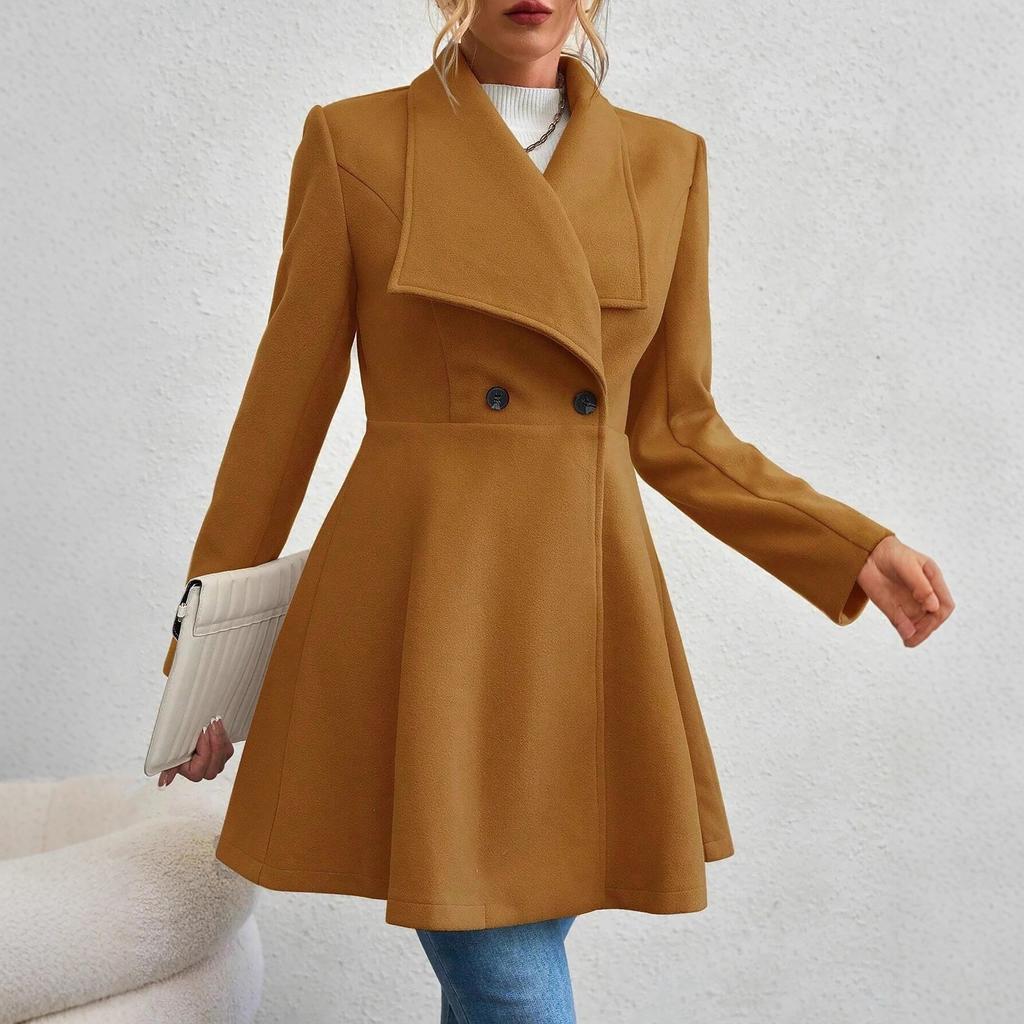 Autumn Winter Women's Notched Lapel Wool Coat, Double-Breasted Trench Style Overcoat with Solid Color Design, Elegant Outerwear for Office & Commute