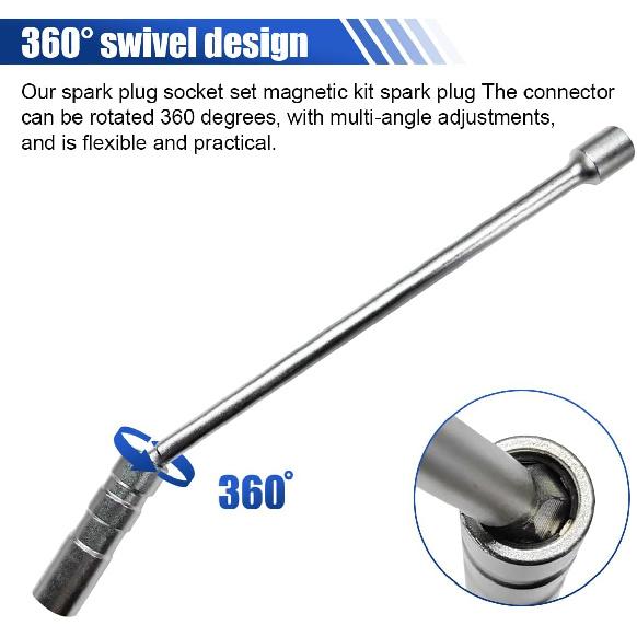16 mm Magnetic Spark Plug Socket with 12 Inch Extension, 3/8'' Drive 12 Point Swivel Spark Plug Thin Wall Socket, Magnetic Spark Plug Wrench Removal