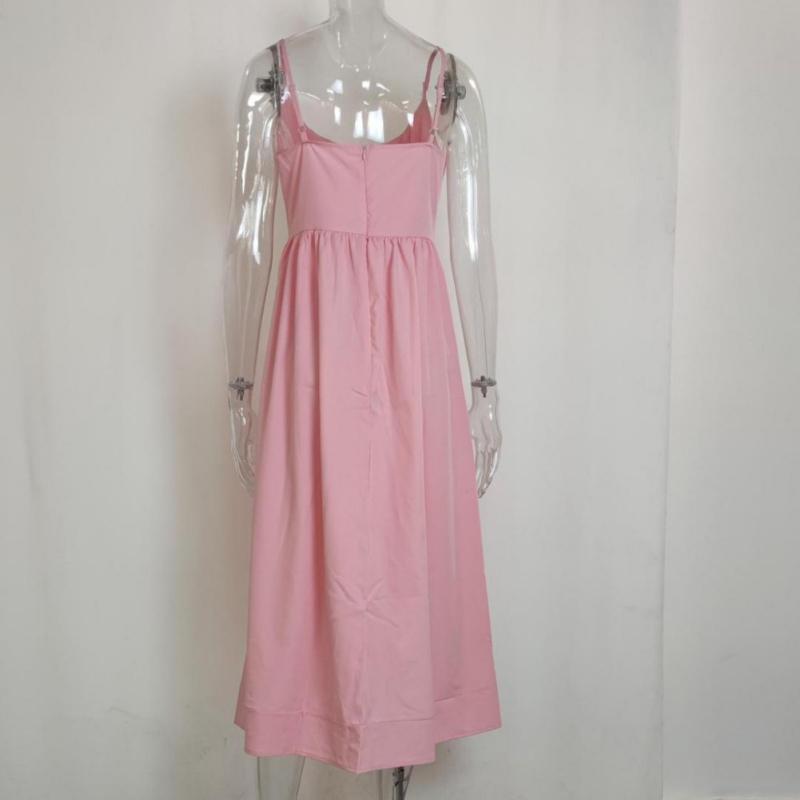 Women Summer Dress Solid Color U Neck High Waisted Pleated Halter Swing Dress