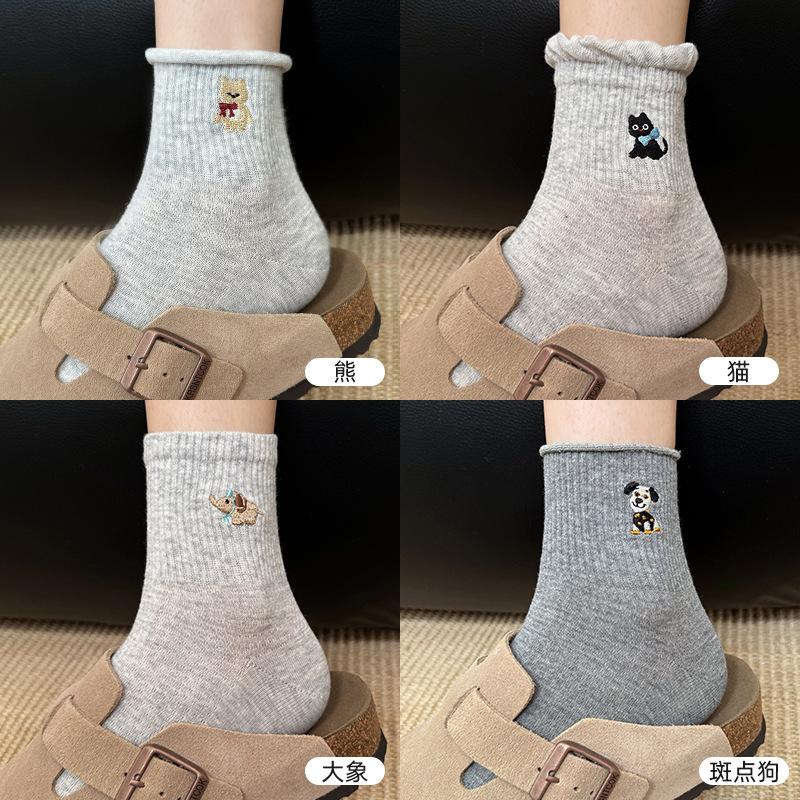 Socks Girls Autumn Cotton Socks Solid Color Embroidery Lace Socks Cute Animal Sports Socks Socks Industry