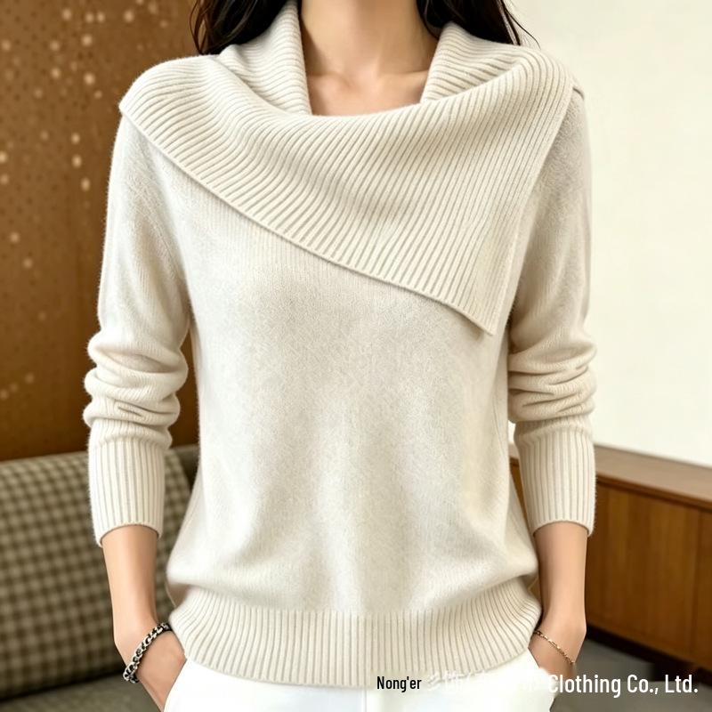 Asymmetrical Lapel Knit Sweater - Solid Color, Slim Fit, Versatile Long Sleeve Wool Sweater for Women