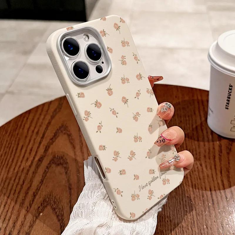 Pink Flowers Leather Pattern Phone Case For iPhone 16 15 14 Pro Max 13 12 11 XS X XR 7 8 16 Plus SE 2022 Shockproof Soft Cover