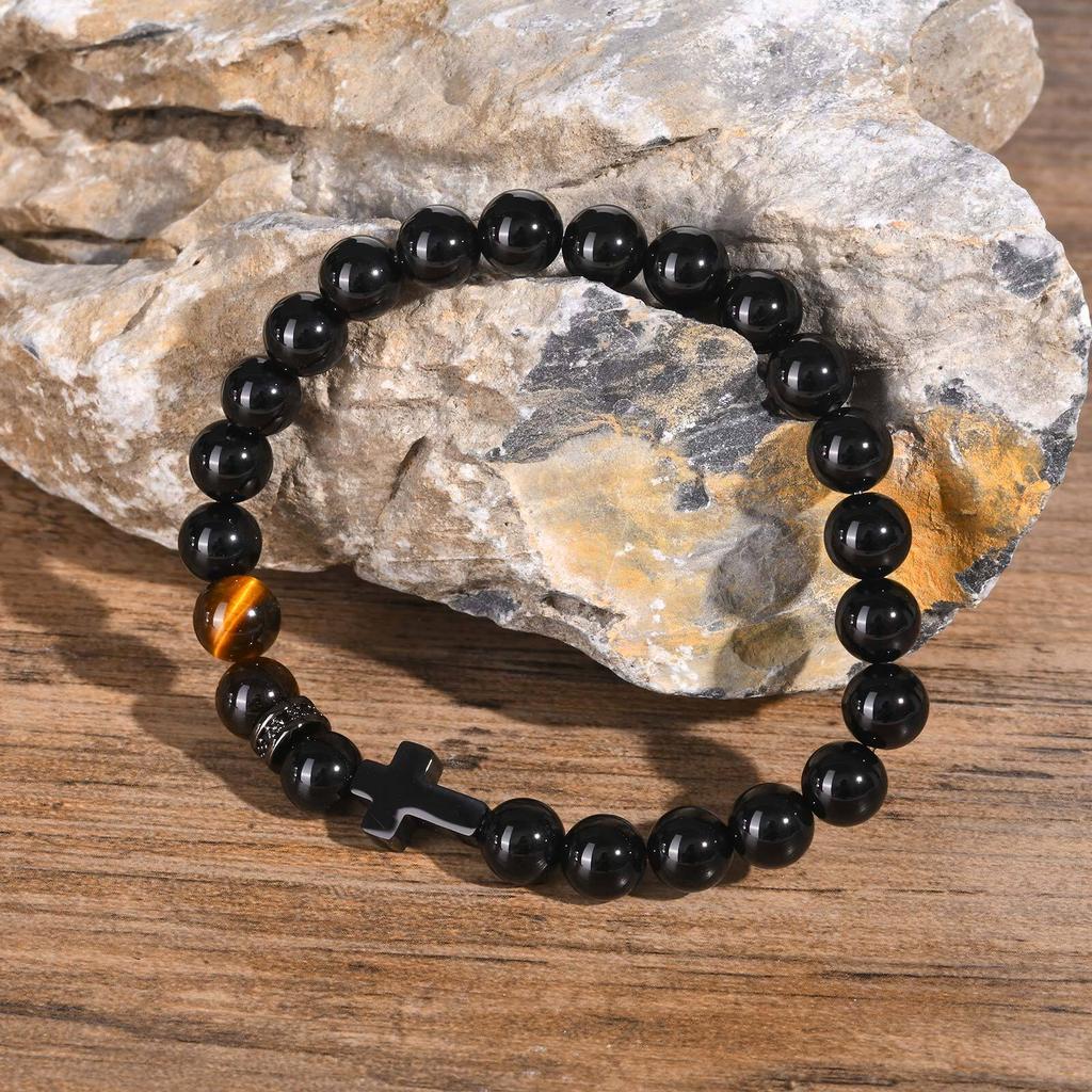 Religion Cross Men Women 8mm Natural Stone Tiger Eye & Black Matte Agates Bead Bracelet Elastic Bracelet Bangle Jewelry