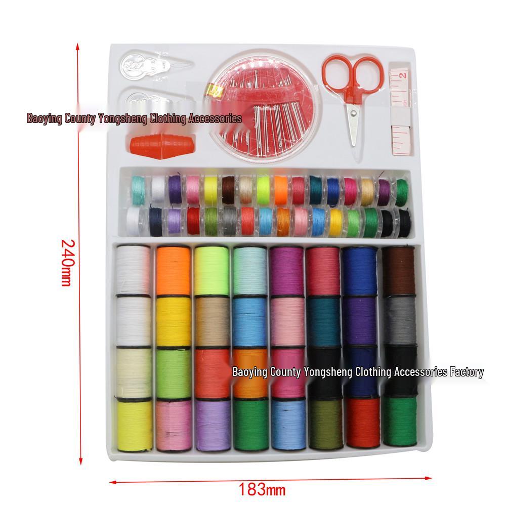 

Многоцветный швейный набор: 64 катушки ниток, ножницы, линейка, коробка для игл и ниток