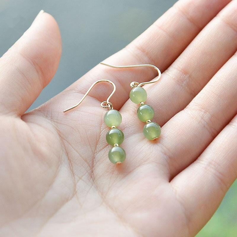 Natural Hetian Jade Ear Hooks, Green Jadeite Earrings S9Silver Goddess Style Elegant and Grand Ear Thread Earrings