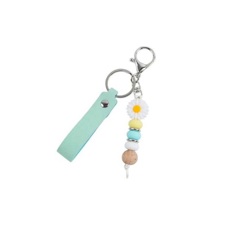 Boho Wood Bead Flower Keychain PU Leather Wrist Strap Metal Key Ring Trendy Bag Pendant for Girls