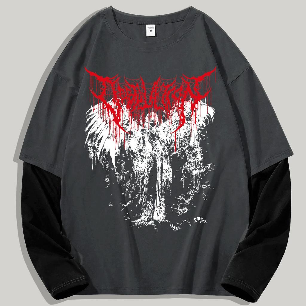 Gotische Duistere Engel Mode Print Heren Lente Kleurblok Lange Mouw T-shirt