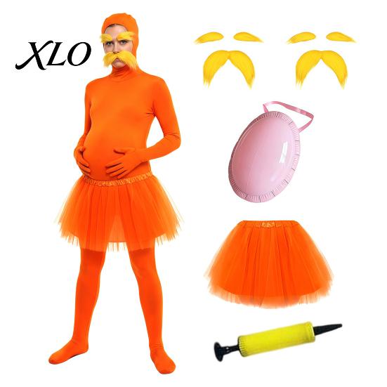 Halloween Cosplay Overall Orange Ganzkörperanzug, mit Tüllrock, Fake-Bauch, Gelbem Schnurrbart & Augenbrauen, Versteckter Reißverschluss Outfits Offenes Gesicht Zentai