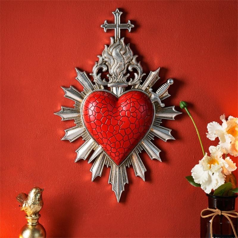 Sacred Hearts Resin Wall Decors Plaque, Heart of Jesuses Hanging Sculpture, Christian Religious Wall Art Ornament for Entryway or Bathroom Wall