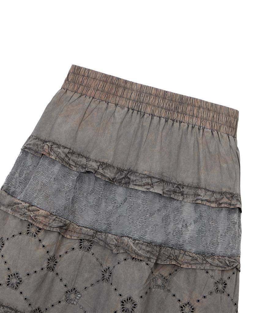 Ulkin [Runway] Traditionally Dyeing Persimmon, Ink Mugunghwa Punching Lace Frill Long Skirt_Brown