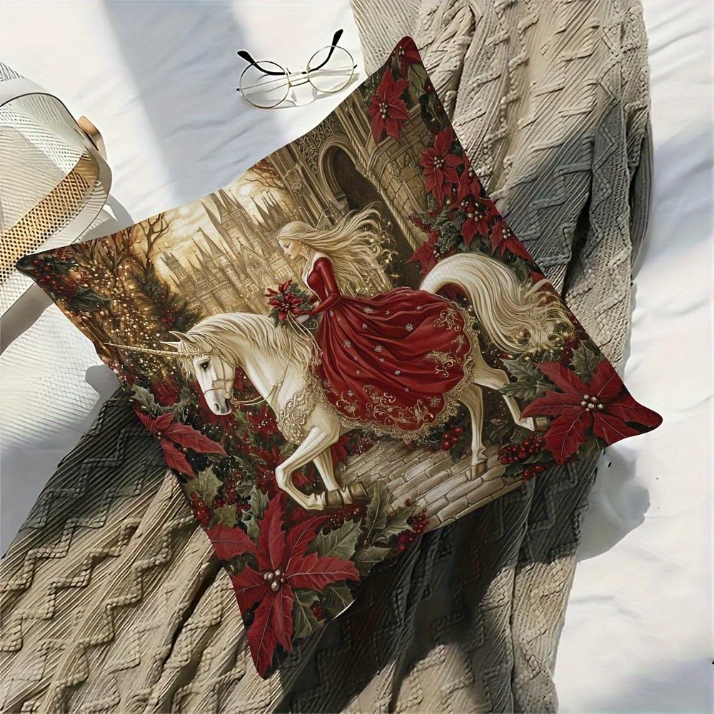 Vintage Christmas Unicorn & Princess Throw Pillow Cover, Fantasy Castle Poinsettia Art Print Decorative Cushion For Sofa Couch