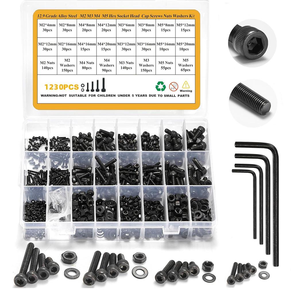 1230 ks šroubů s válcovou hlavou a šestihrannou maticí a plochou podložkou, sada šroubů, v krabičce M2M3M4M5
