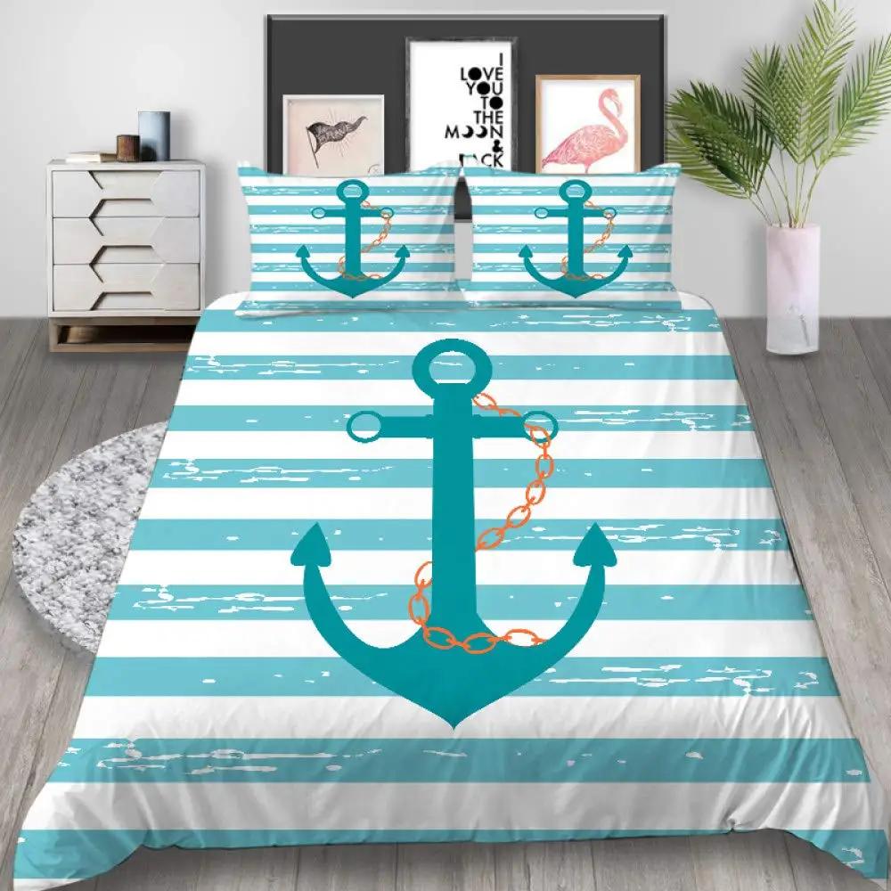 Comforter Anchor Nautical Steamboat Bedding Set Ocean Coastal Theme Blue And White Strip For Kids Adults King Size