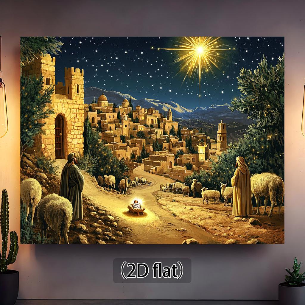 2D plane  1 piece of Bethlehem Christmas background cloth - starry night scene of shepherds and baby Jesus  durable polyester