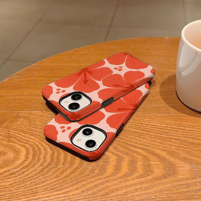 Retro Vintage Boho Red Hibiscus Floral Print Pattern Film Art Aesthetic Protective Shockproof Bumper Phone Case Cover For iPhone 14 15 16 Pro Max Plus