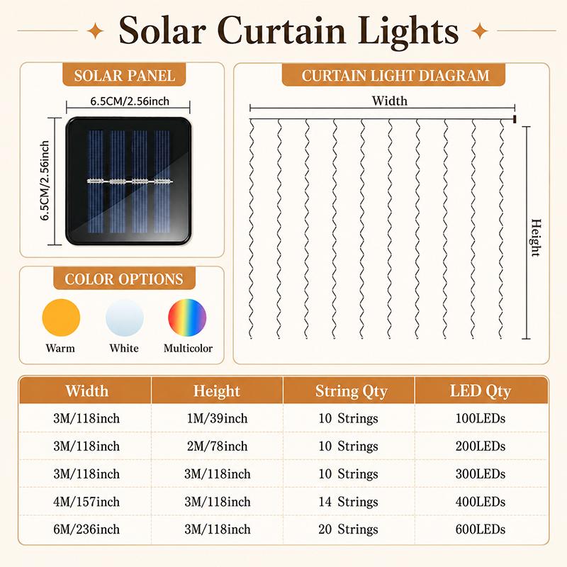 Guirlande Lumineuse Rideau Solaire Étanche IP54 8 Modes Lumières de Fond Décoratives pour Terrasse Clôture Balcon Décoration de Noël