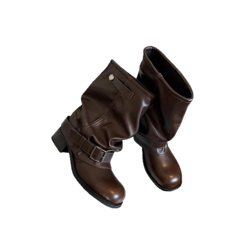 Klobige Plateau Weitschaftige Slouchy Stiefeletten - Echtes Leder Damen Herbst/Winter Stil