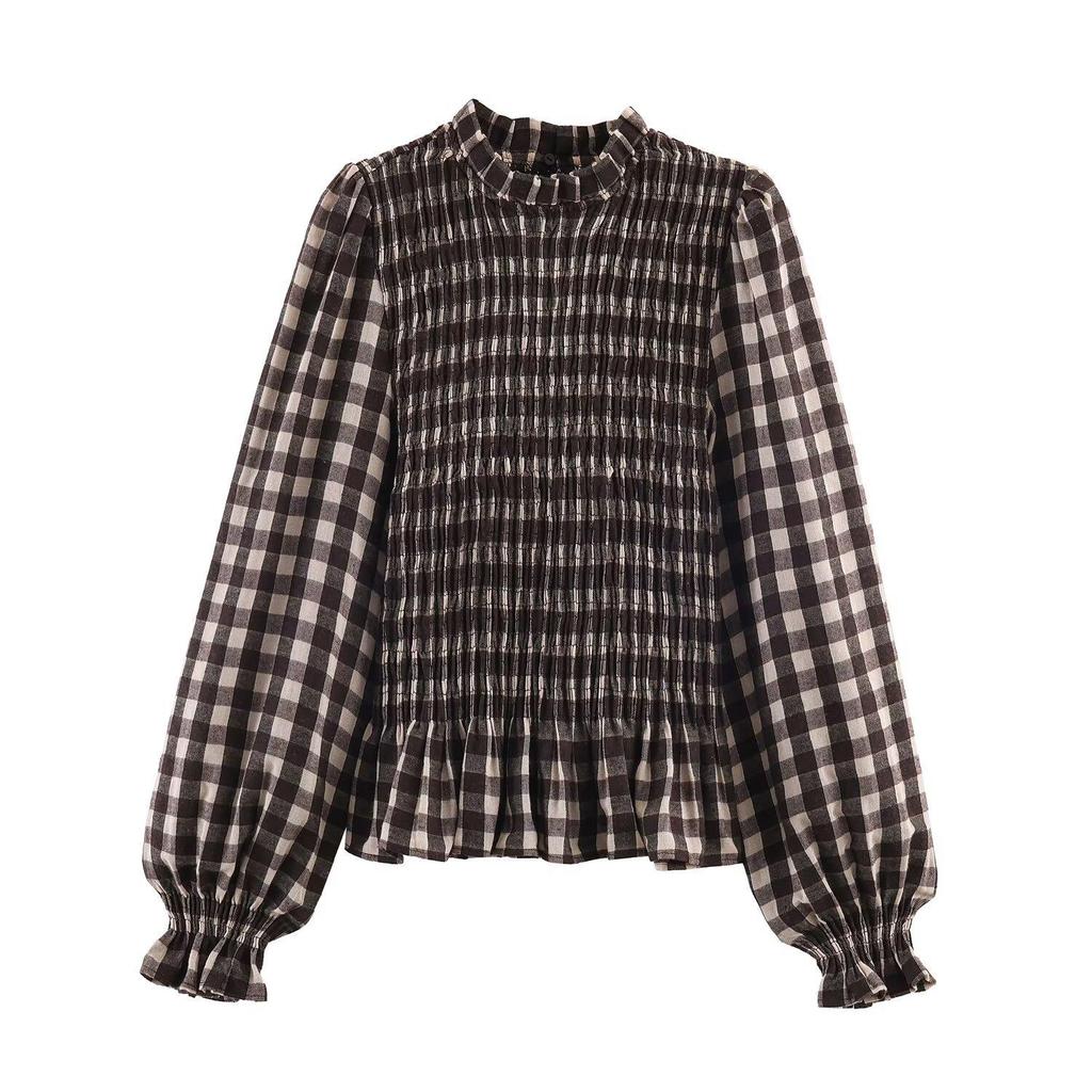 Camicia da donna versatile casual a maniche lunghe con motivo a nido d'ape e quadri, collezione Primavera/Estate 2026