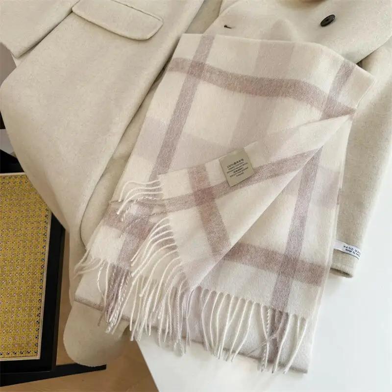 High Quality 100% Wool Scarf Men Female Fashion Classic Soft Cashmere Muffler Women Warm Thermal Shawl Outside Autumn Winter Men