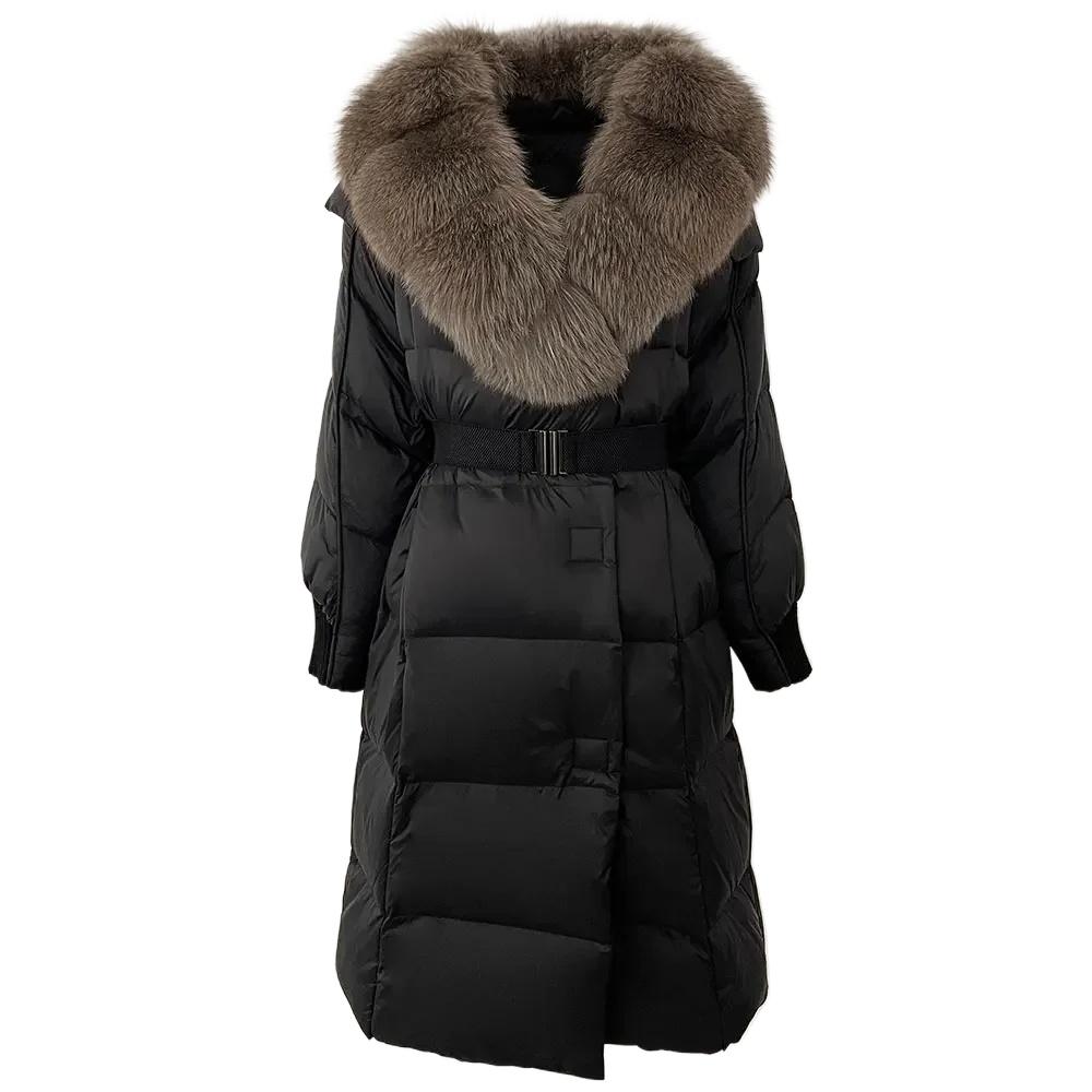 OFTBUY Winter Jacket Women Long Natural Real Raccoon Fox Fur Collar White Duck Down Coat Belt Thick Warm Casual Outerwear