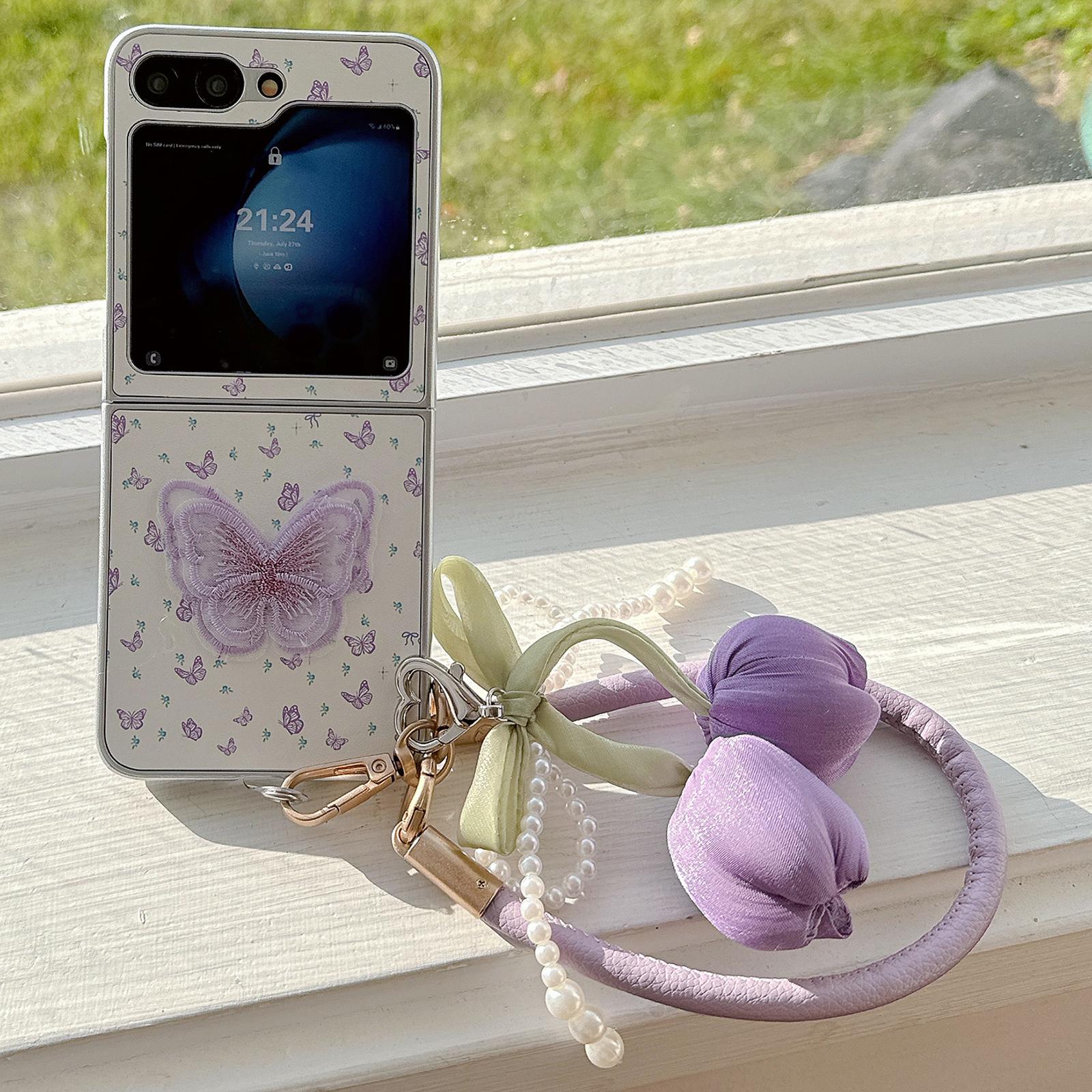

For Samsung Galaxy Z Flip6 5G Case Leather+PC Butterfly Phone Cover with Tulip Hand Strap Style A