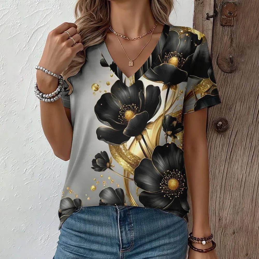 Creative Flower Colorful Pattern Summer Soft Fashionable Comfortable Women's T-Shirts Casual Breathable Loose V-Neck Short-Sleeve T-Shirt