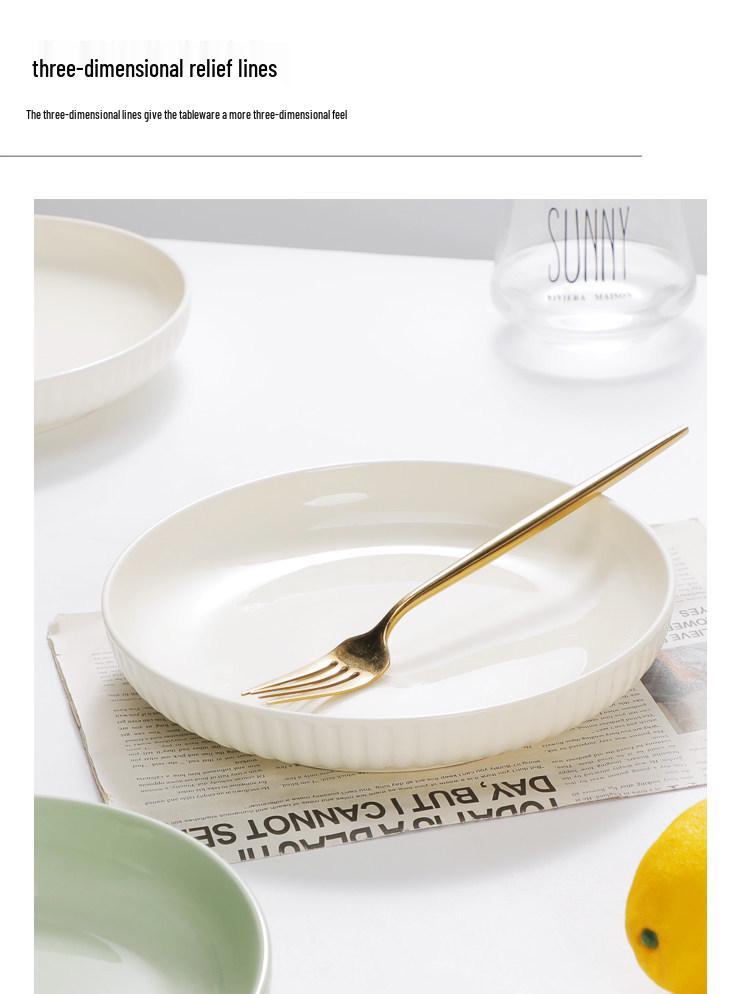 Milky White & Green Ceramic Deep Soup Plate, Microwaveable - Creative Round Tableware.
