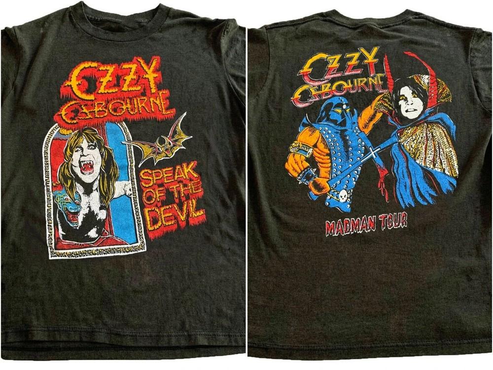 

1980-е Оззи Осборн Speak of the Devil Madman Tour Двусторонняя черная футболка Унисекс футболка XL