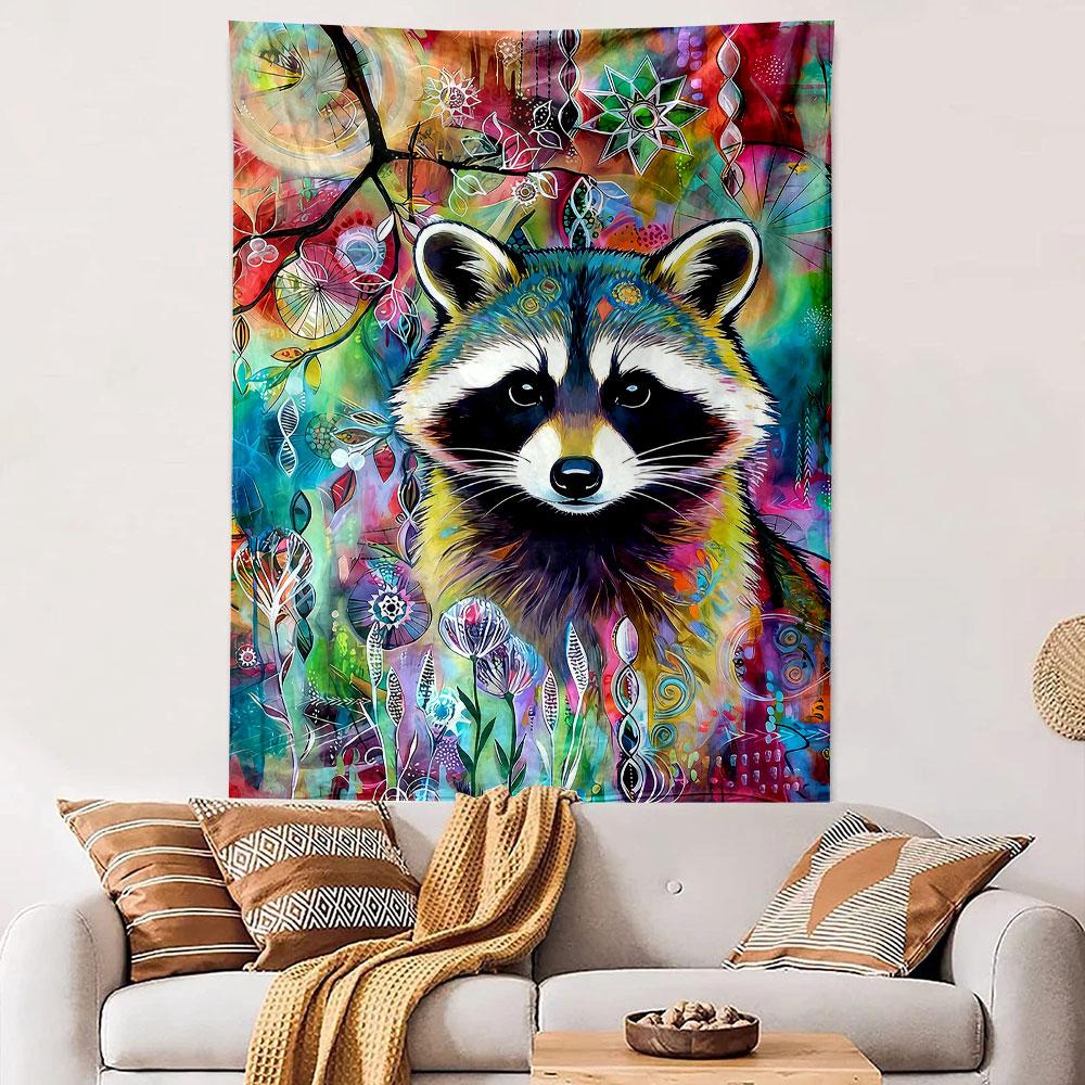 Tapestry Wall Hanging Vibrant Pop Art Raccoon Psychedelic Colorful Doodle Floral Whimsical Animal Painting Decor for Kids Room Nursery