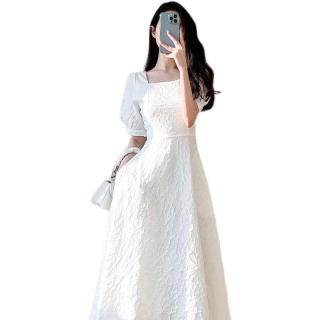 Women's Summer 2026 Retro French First Love Dress - Square Neck, Puff Sleeve, Waist-Cinched, Slimming, Gentle Long Skirt