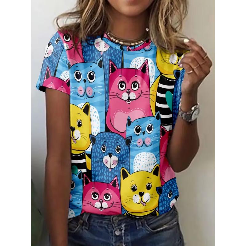 Summer Cute Cartoon Cat T-Shirts Women Short Sleeve Round Neck T Shirt Tees Harajuku Y2K Top Female Clothing