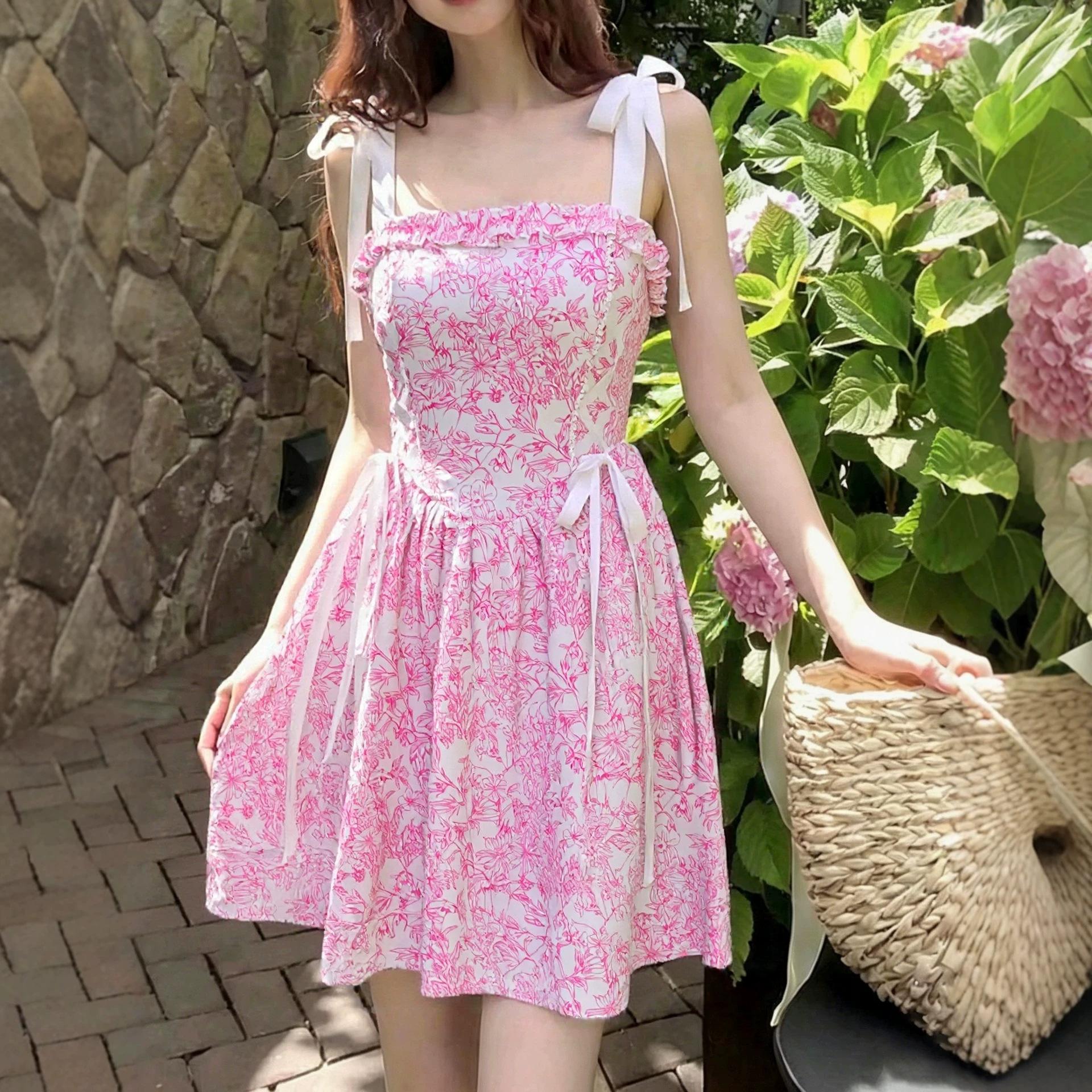 New vacation seaside summer dress French floral straps light luxury high-end temperament dress S