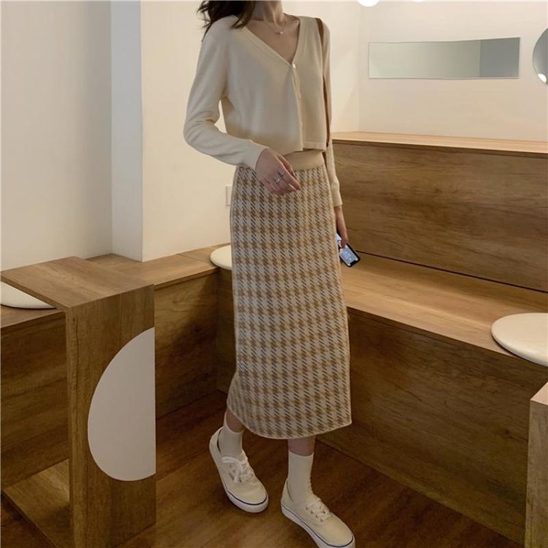 Hahnentritt Slim-Fit Damen Herbst Winter Strick Midi-Rock Wolle Vielseitig Hohe Taille Bodycon Halber Rock