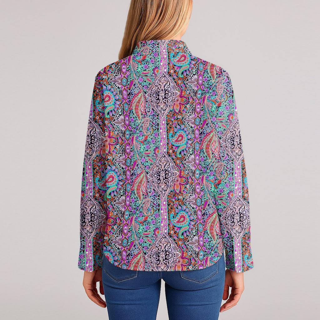 Women's Shirt With Floral Print Buttons, Long Sleeved Casual Regular Shirt Blouses Casual Plus Size Basic Tops