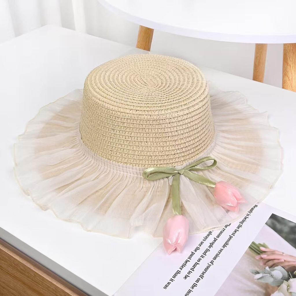 Tulip Lace Straw Hat Children Summer Seaside Beach Vacation Wind Shade Sun Protection Large Brim Sun Hat
