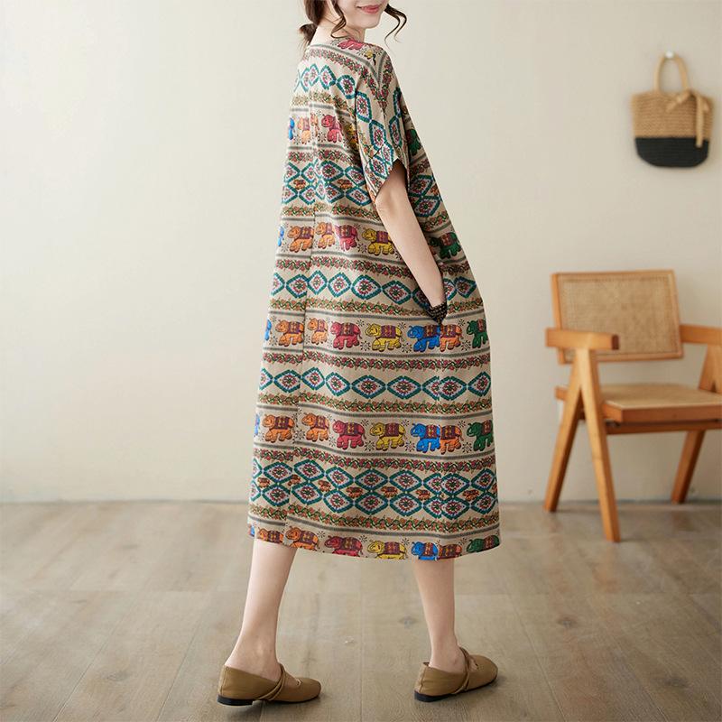 Letní šaty s kulatým výstřihem z bavlny a lnu volného střihu pro ženy