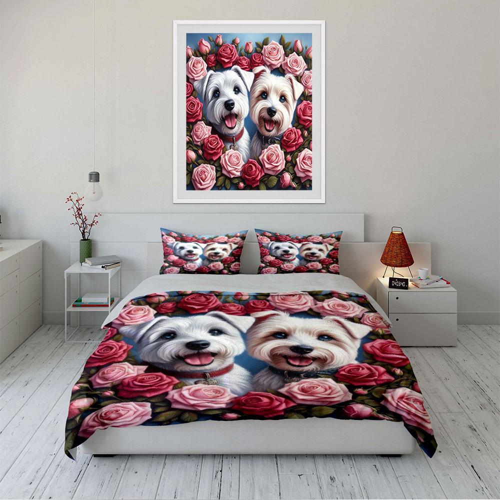 Süße Hunde mit rosa Rosen Bettwäsche Bettbezug Set (1*Bettbezug 2*Kissenbezüge, ohne Bettdecke)