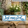 2D Flat, "Just Married" Elegant Metal Magnetic Sign 4.0x16.0inch - Wall-Mounted, Multi-Purpose Decoration, Blue and White Heart with Ring Design
