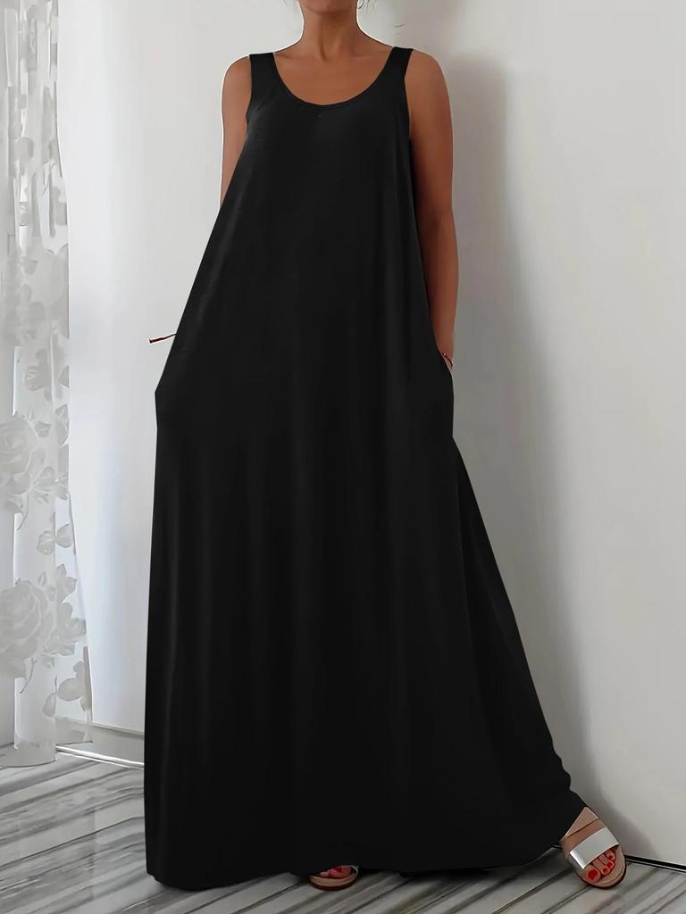 Plus Size Summer Solid Color Dress with Side Pockets (European and American Style)